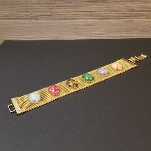 Vintage 1970s Sarah Coventry Designer Gold Mesh Bracelet Multi Color Stones